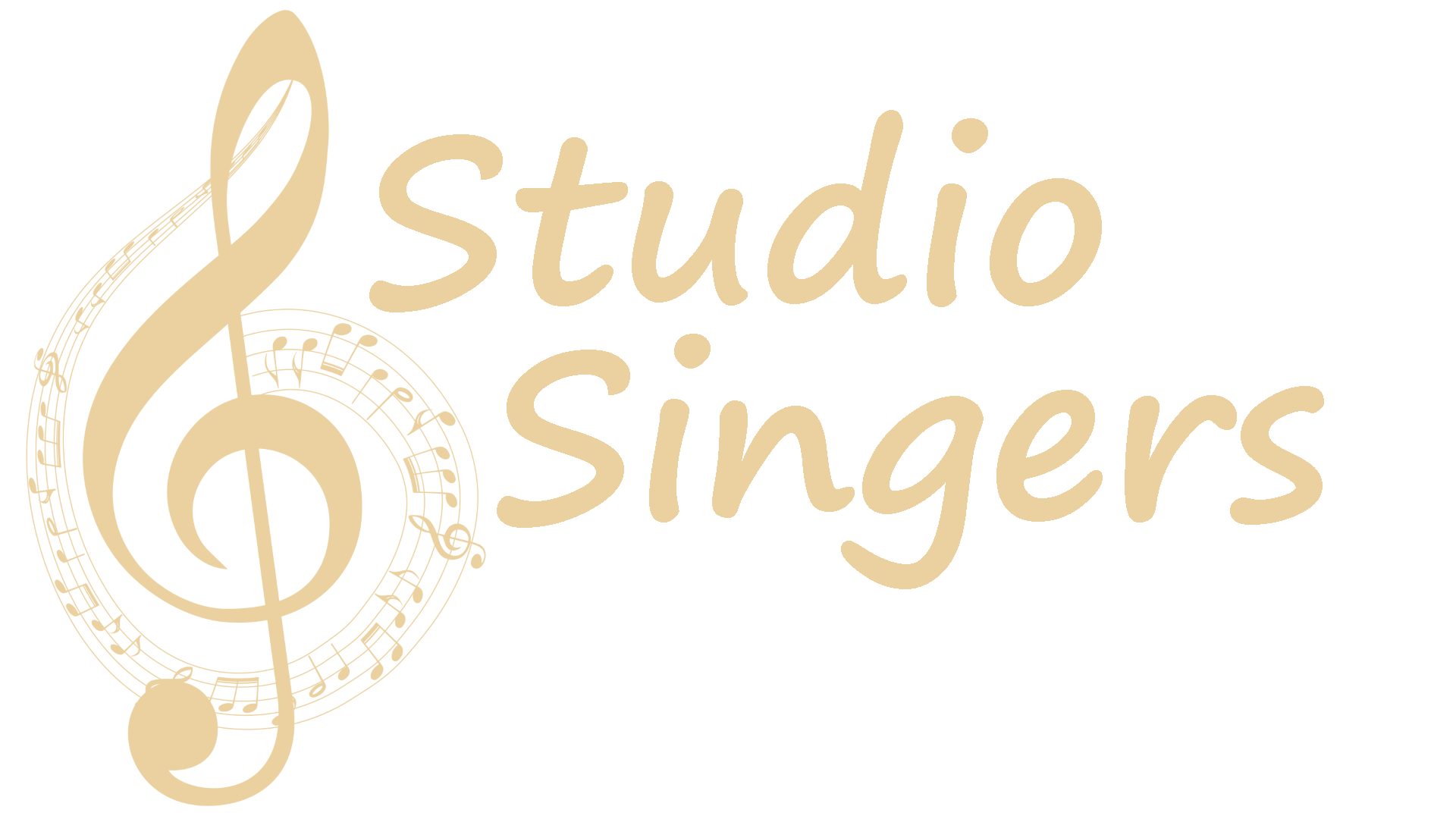 Champagne colored logo with that includes a treble clef with sheet music bars and notes swirling around it and to the right is the name of the organization: Studio Singers