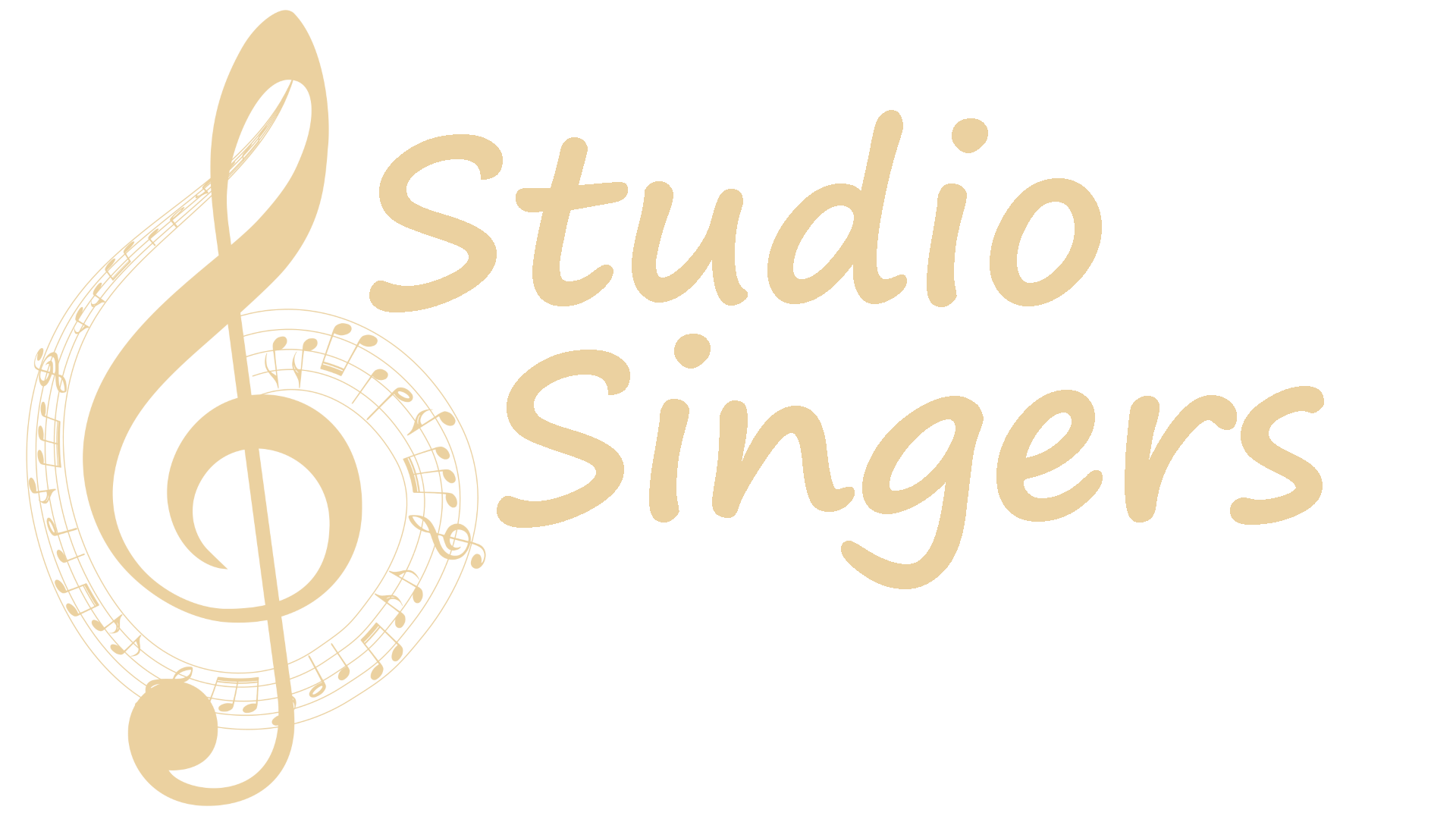 Champagne colored logo with that includes a treble clef with sheet